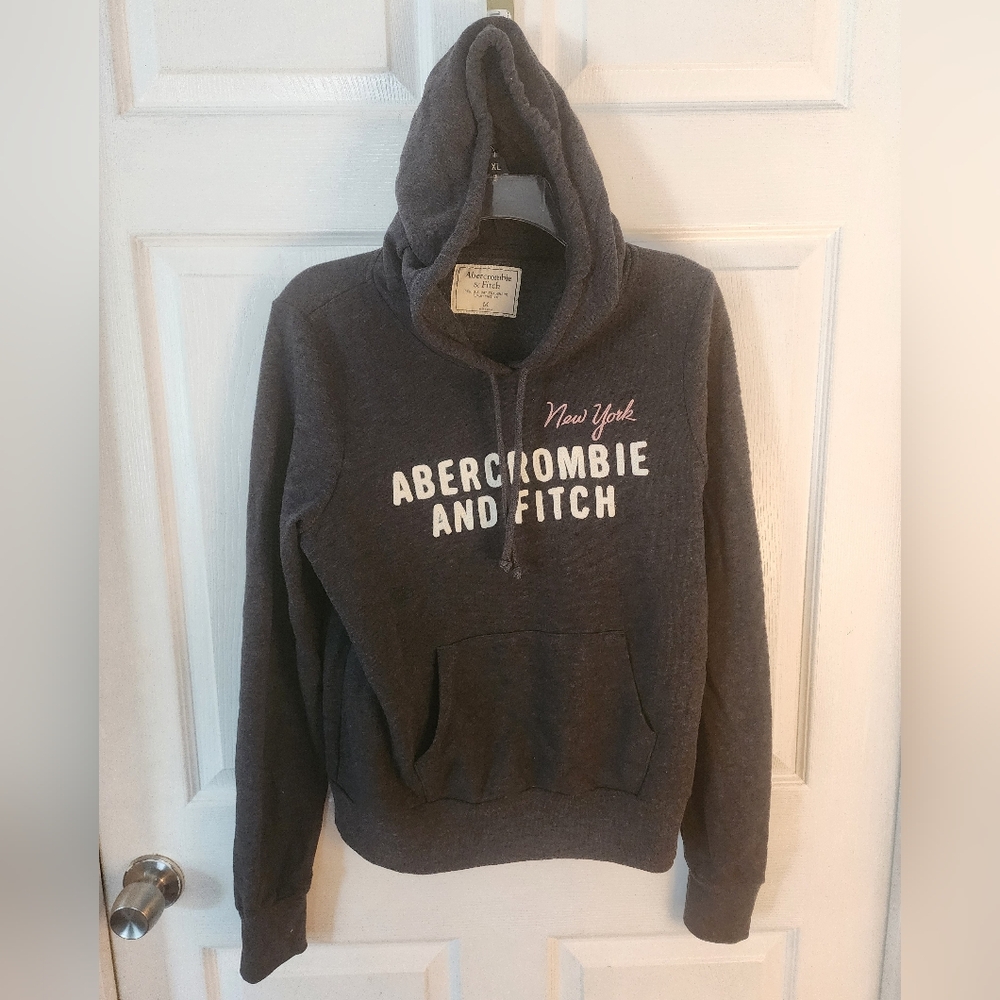 A&F Charcoal Grey Hooded Sweatshirt Embroidered NY And Felt Applique Logo